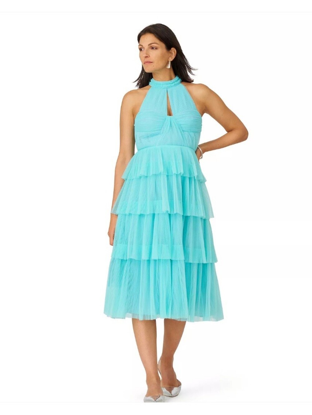 J. Mendel Aqua Tiered Halter Midi Dress
